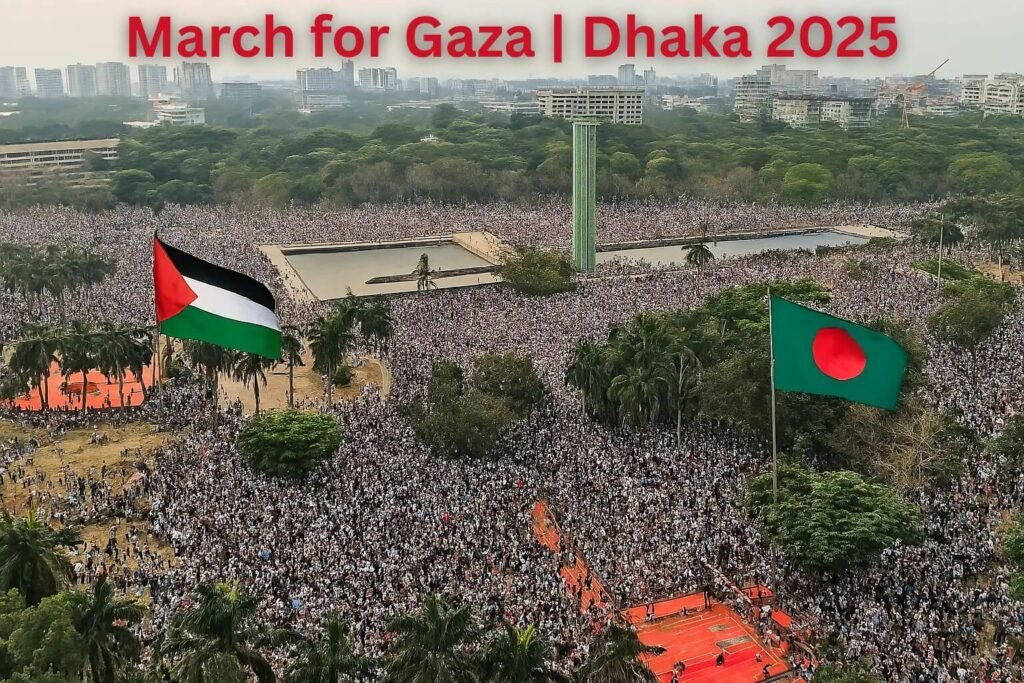 Aerial view of the March for Gaza 2025 rally in Dhaka, with massive crowds gathered around Suhrawardy Udyan, waving Palestinian and Bangladeshi flags.