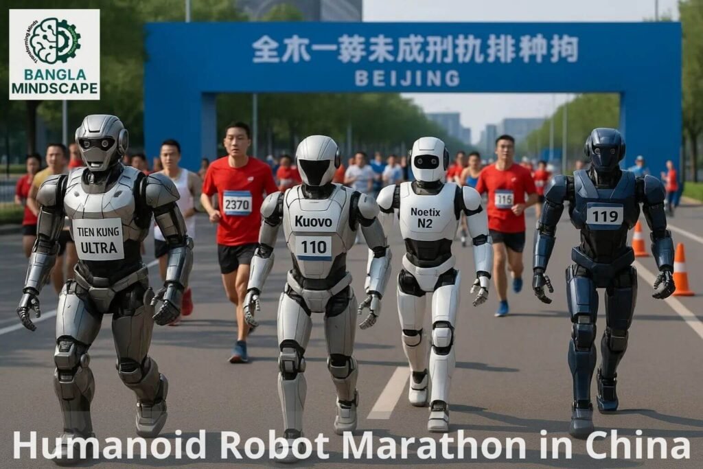 Humanoid Robot Marathon - Humanoid robots running alongside humans during a marathon in Beijing