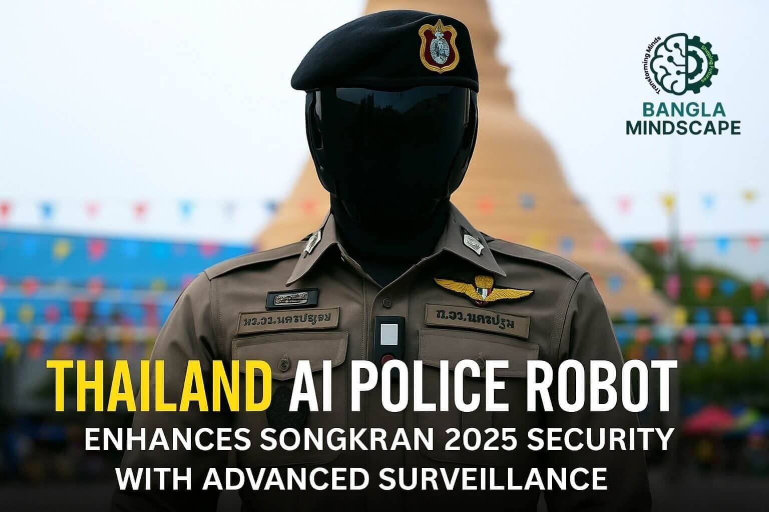 AI Police Robot in uniform at Songkran 2025 in Nakhon Pathom, Thailand, equipped with facial recognition and 360-degree surveillance